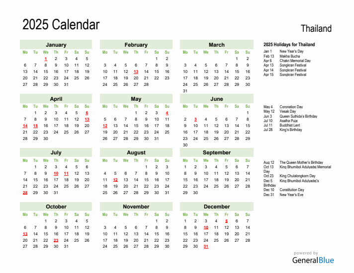 Holiday Calendar 2025 for Thailand (Monday Start)