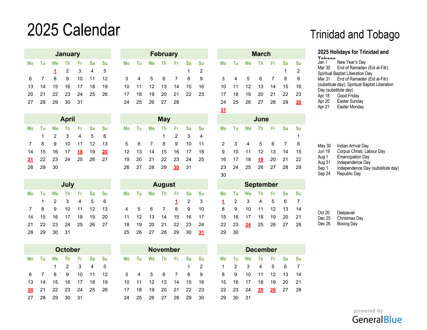 Holiday Calendar 2025 for Trinidad and Tobago (Monday Start)