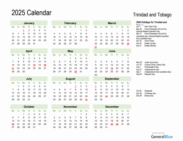 Holiday Calendar 2025 for Trinidad and Tobago (Monday Start)