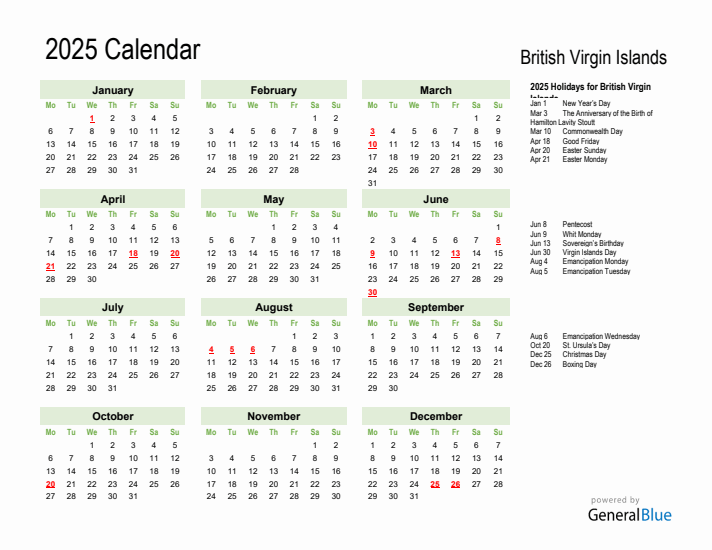 Holiday Calendar 2025 for British Virgin Islands (Monday Start)