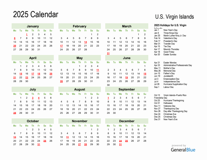 Holiday Calendar 2025 for U.S. Virgin Islands (Monday Start)