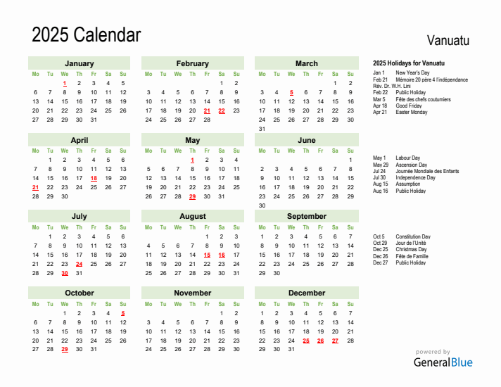 Holiday Calendar 2025 for Vanuatu (Monday Start)