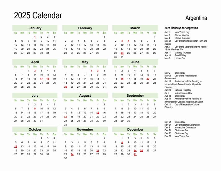 Holiday Calendar 2025 for Argentina (Sunday Start)