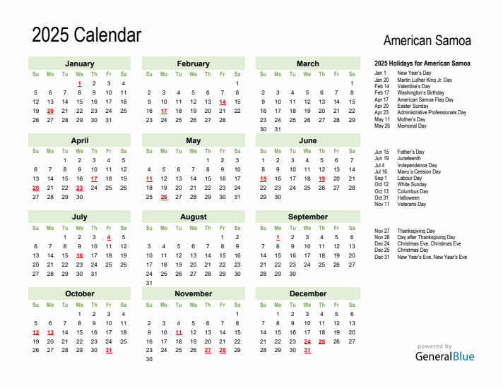 Holiday Calendar 2025 for American Samoa (Sunday Start)
