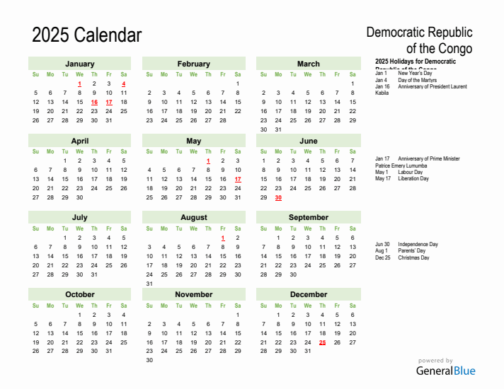 Holiday Calendar 2025 for Democratic Republic of the Congo (Sunday Start)