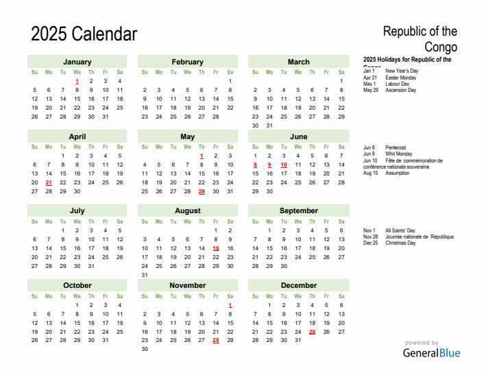 Holiday Calendar 2025 for Republic of the Congo (Sunday Start)