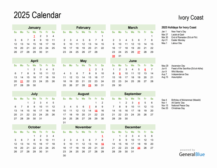 Holiday Calendar 2025 for Ivory Coast (Sunday Start)