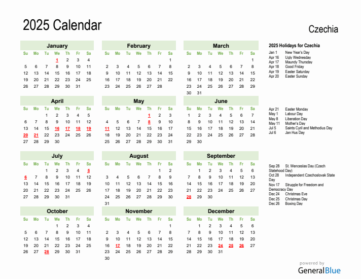 Holiday Calendar 2025 for Czechia (Sunday Start)