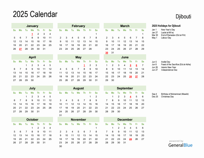 Holiday Calendar 2025 for Djibouti (Sunday Start)