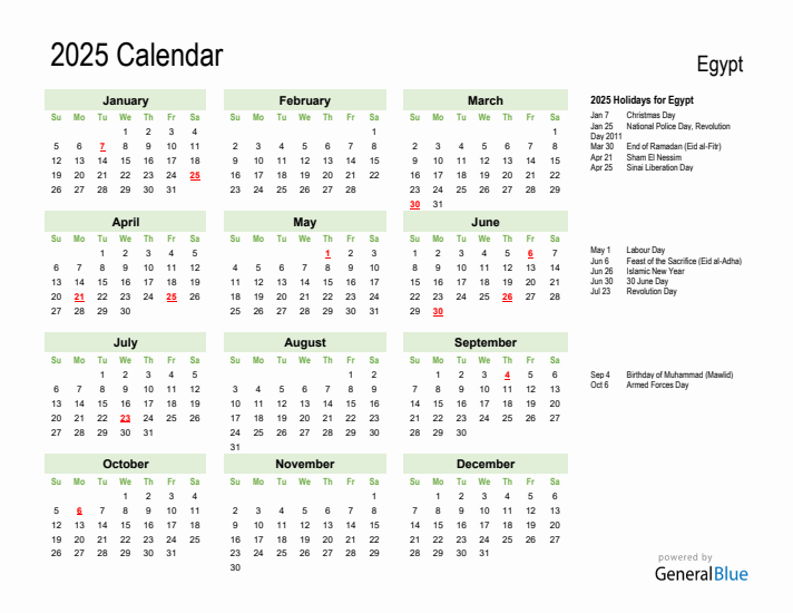 Holiday Calendar 2025 for Egypt (Sunday Start)