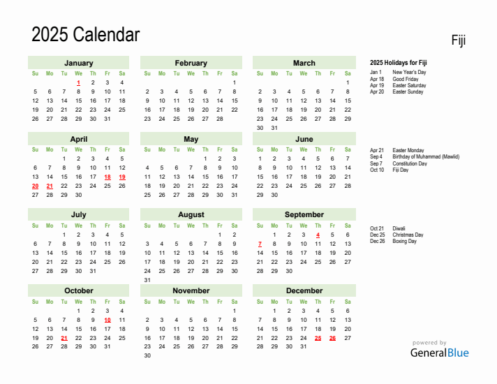 Holiday Calendar 2025 for Fiji (Sunday Start)