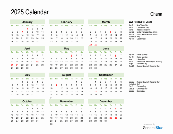 Holiday Calendar 2025 for Ghana (Sunday Start)
