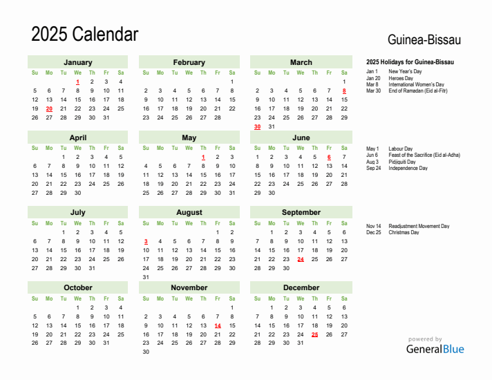 Holiday Calendar 2025 for Guinea-Bissau (Sunday Start)