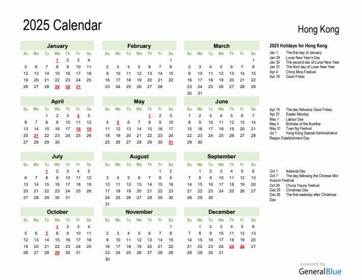Holiday Calendar 2025 for Hong Kong (Sunday Start)