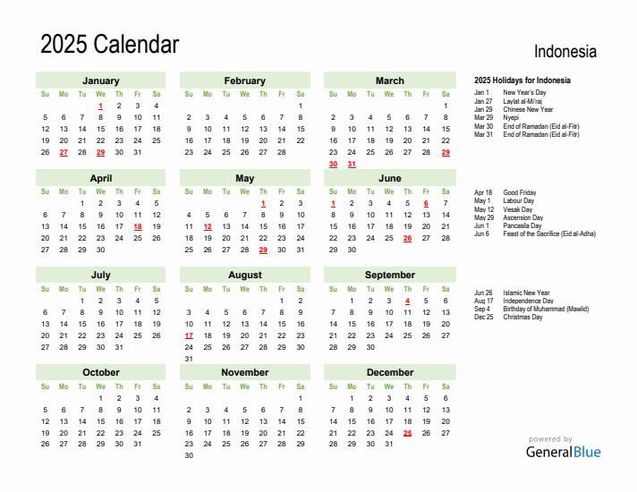 Holiday Calendar 2025 for Indonesia (Sunday Start)