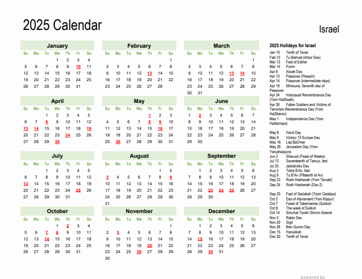 Holiday Calendar 2025 for Israel (Sunday Start)