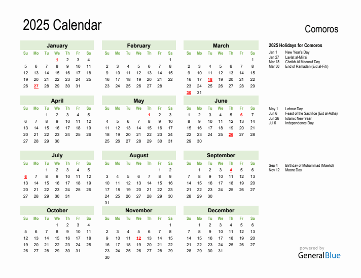 Holiday Calendar 2025 for Comoros (Sunday Start)