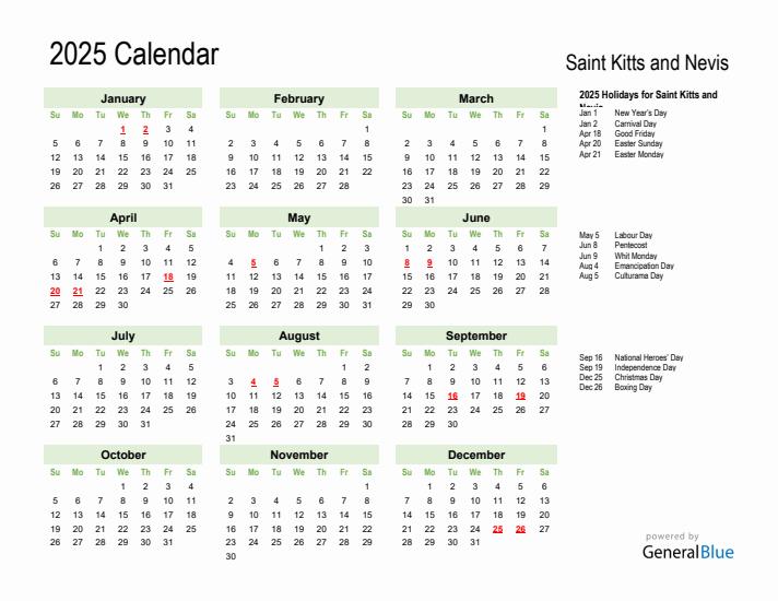 Holiday Calendar 2025 for Saint Kitts and Nevis (Sunday Start)