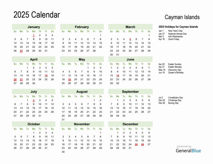 Holiday Calendar 2025 for Cayman Islands (Sunday Start)
