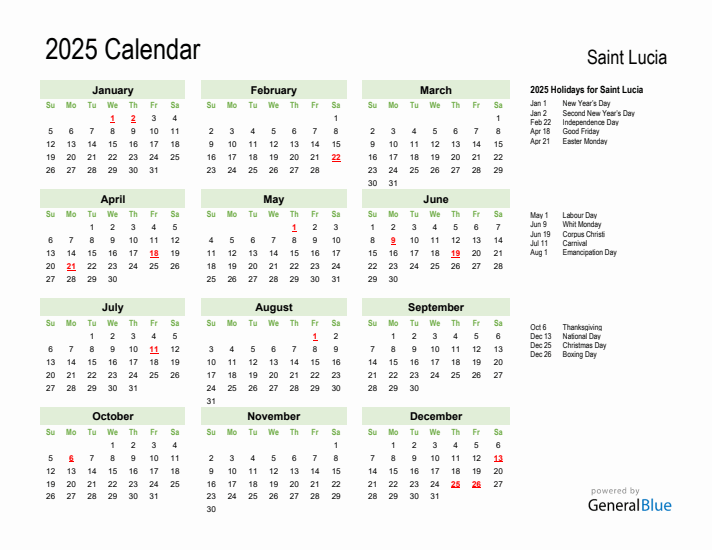 Holiday Calendar 2025 for Saint Lucia (Sunday Start)