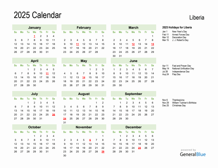 Holiday Calendar 2025 for Liberia (Sunday Start)