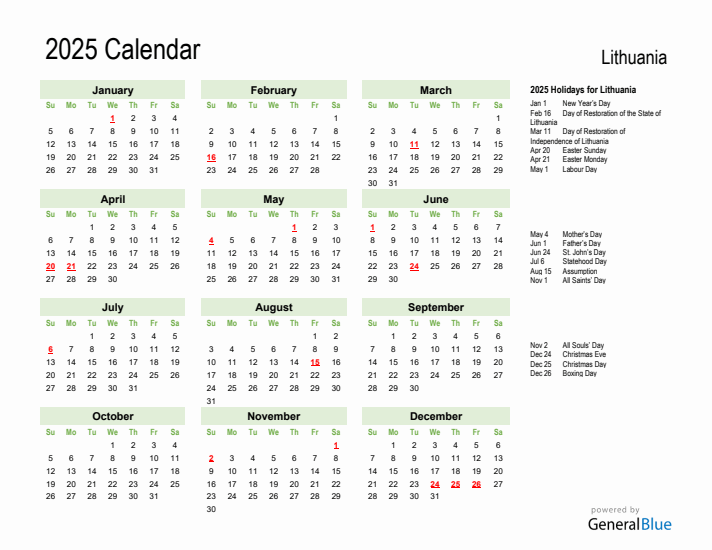Holiday Calendar 2025 for Lithuania (Sunday Start)