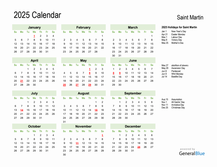 Holiday Calendar 2025 for Saint Martin (Sunday Start)