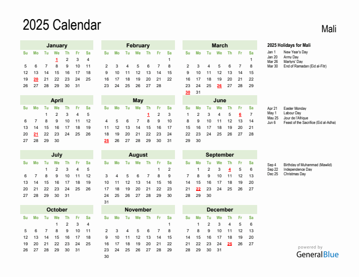 Holiday Calendar 2025 for Mali (Sunday Start)