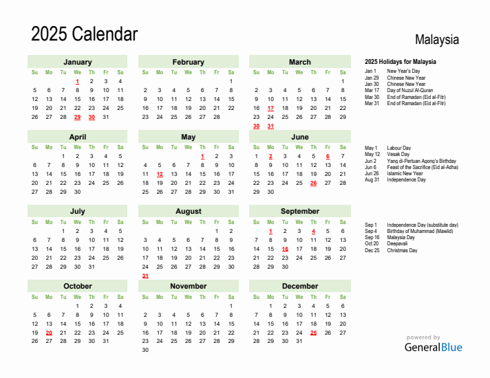 Holiday Calendar 2025 for Malaysia (Sunday Start)