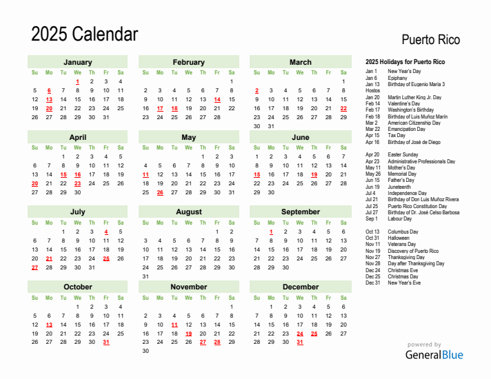 Holiday Calendar 2025 for Puerto Rico (Sunday Start)