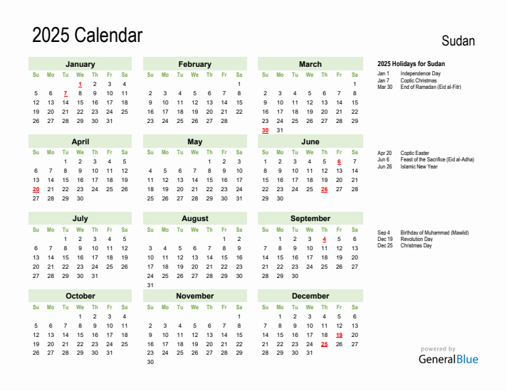 Holiday Calendar 2025 for Sudan (Sunday Start)