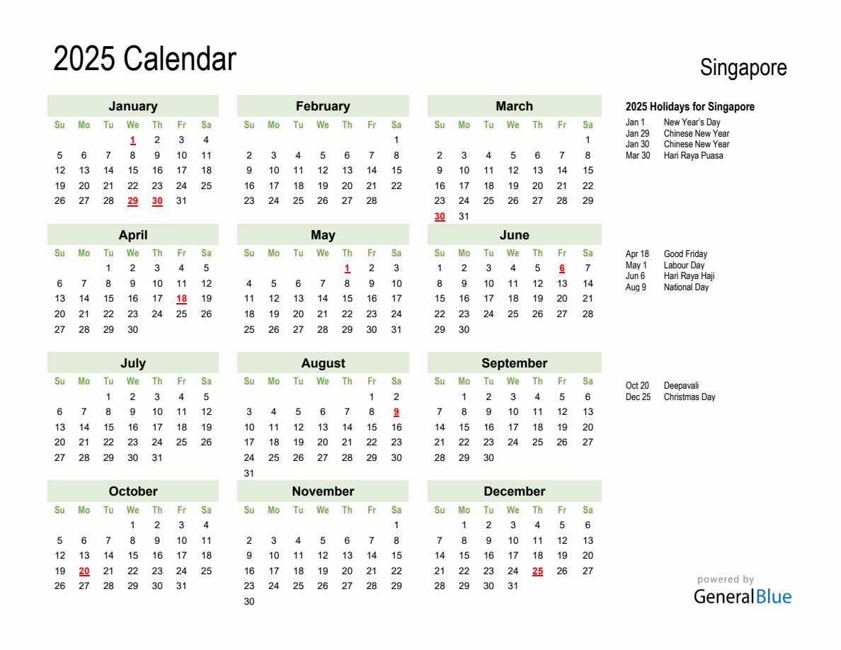 Holiday Calendar 2025 for Singapore