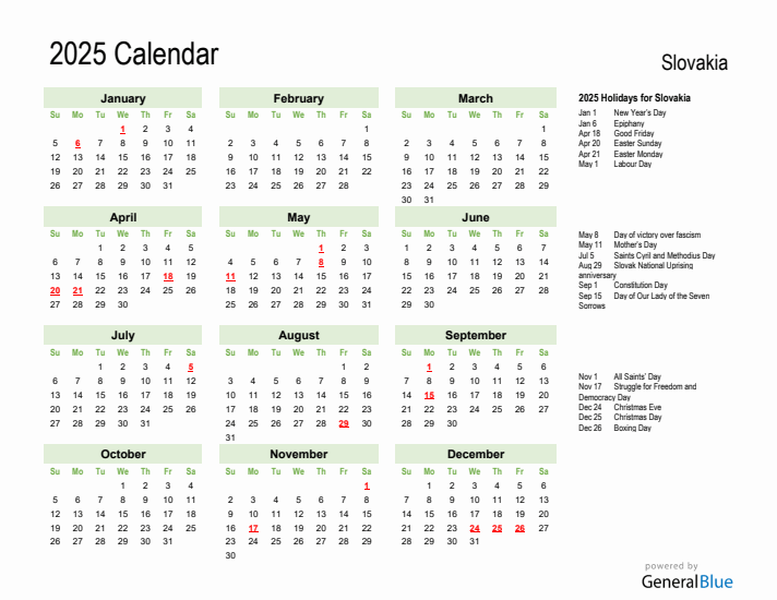 Holiday Calendar 2025 for Slovakia (Sunday Start)