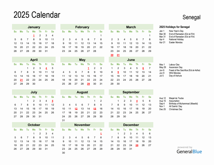 Holiday Calendar 2025 for Senegal (Sunday Start)