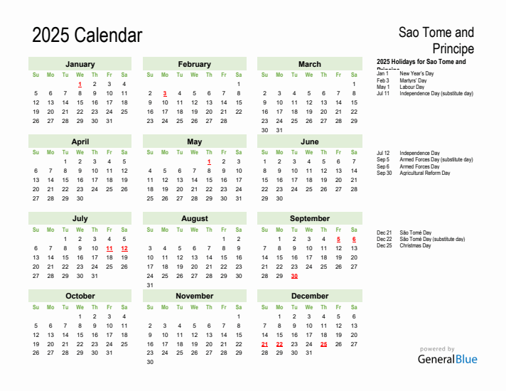 Holiday Calendar 2025 for Sao Tome and Principe (Sunday Start)