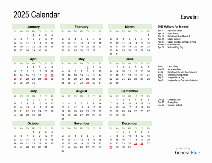 Holiday Calendar 2025 for Eswatini (Sunday Start)