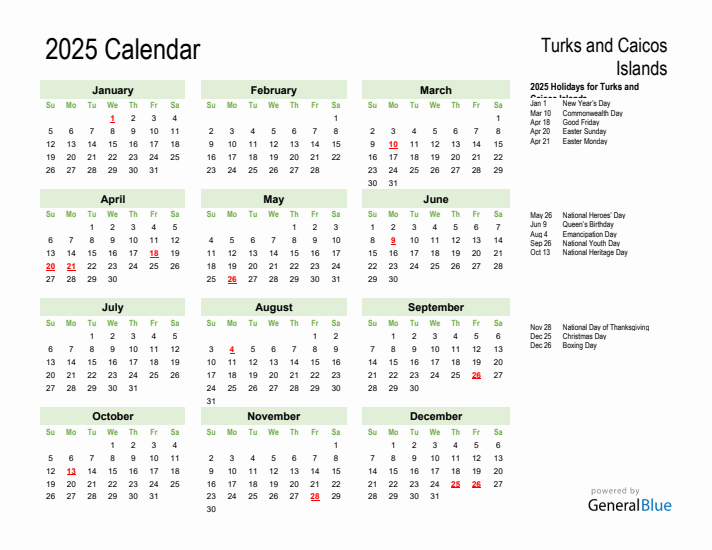 Holiday Calendar 2025 for Turks and Caicos Islands (Sunday Start)