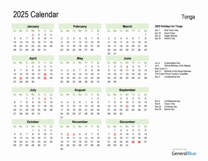 Holiday Calendar 2025 for Tonga (Sunday Start)
