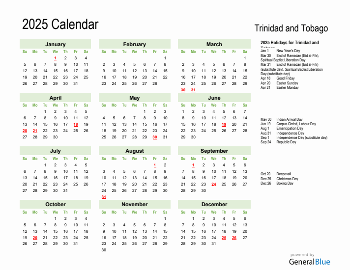 Holiday Calendar 2025 for Trinidad and Tobago (Sunday Start)