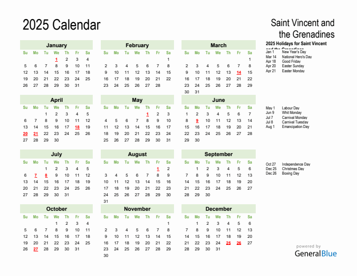 Holiday Calendar 2025 for Saint Vincent and the Grenadines (Sunday Start)