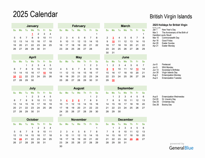 Holiday Calendar 2025 for British Virgin Islands (Sunday Start)