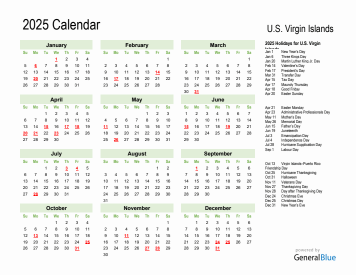 Holiday Calendar 2025 for U.S. Virgin Islands (Sunday Start)