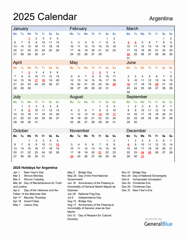 Calendar 2025 with Argentina Holidays