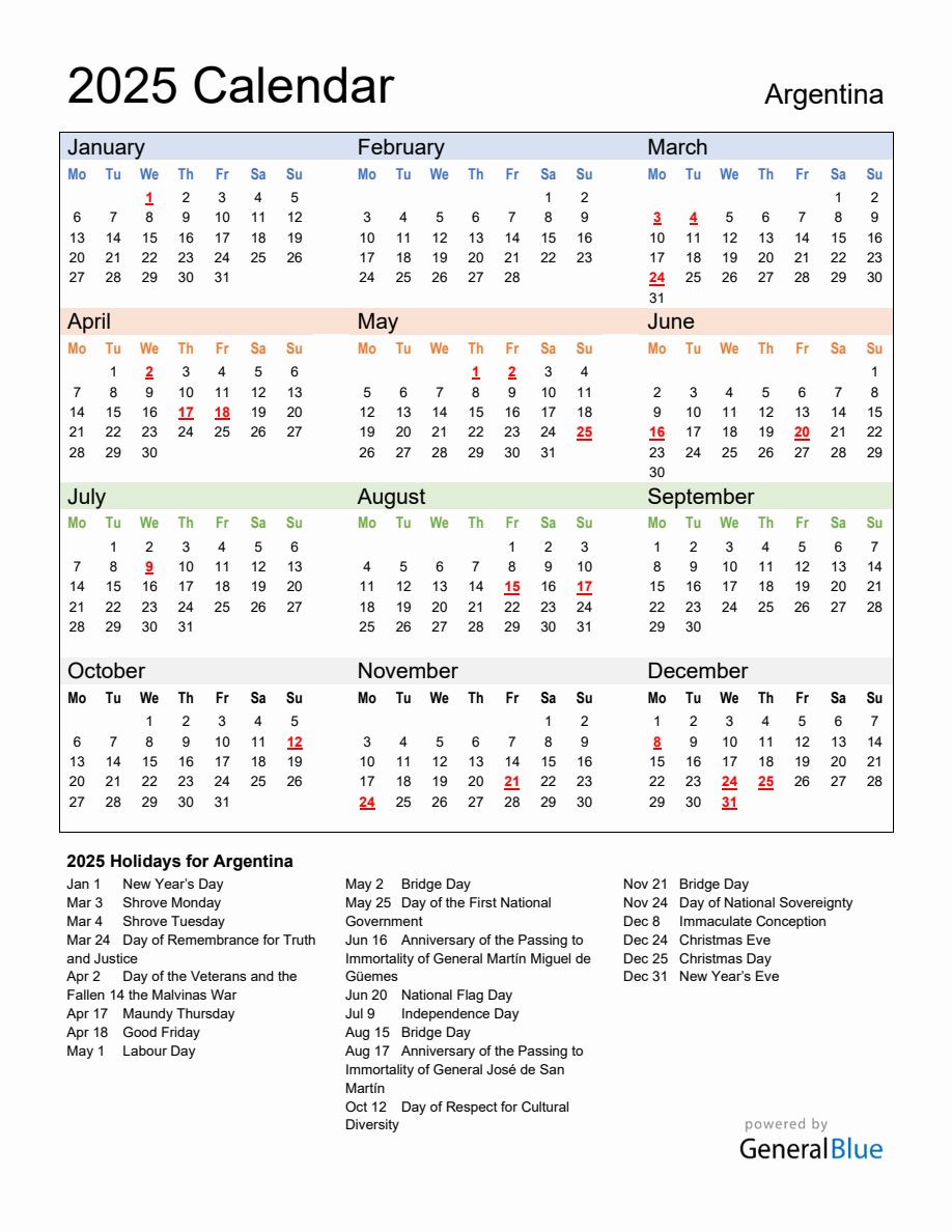 Annual Calendar 2025 with Argentina Holidays - Monday Start