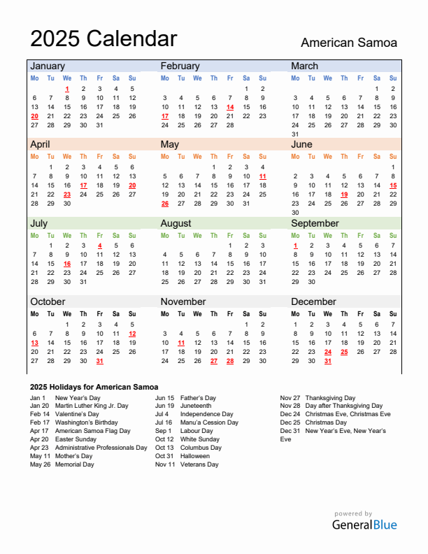 Calendar 2025 with American Samoa Holidays