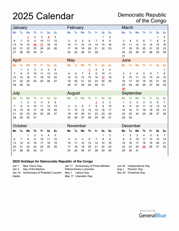 Calendar 2025 with Democratic Republic of the Congo Holidays