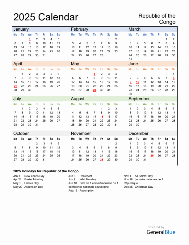 Calendar 2025 with Republic of the Congo Holidays