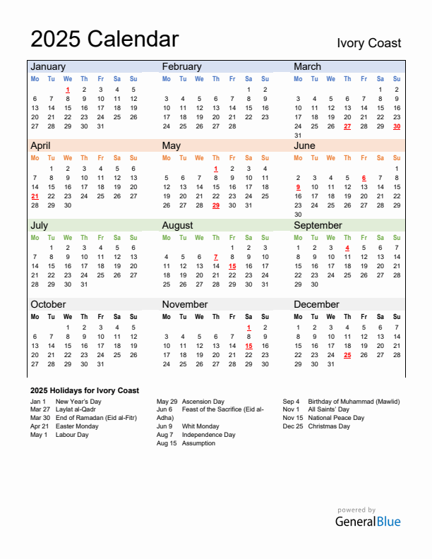 Calendar 2025 with Ivory Coast Holidays