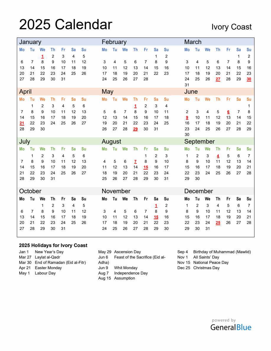Annual Calendar 2025 with Ivory Coast Holidays - Monday Start