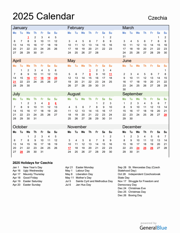 Calendar 2025 with Czechia Holidays